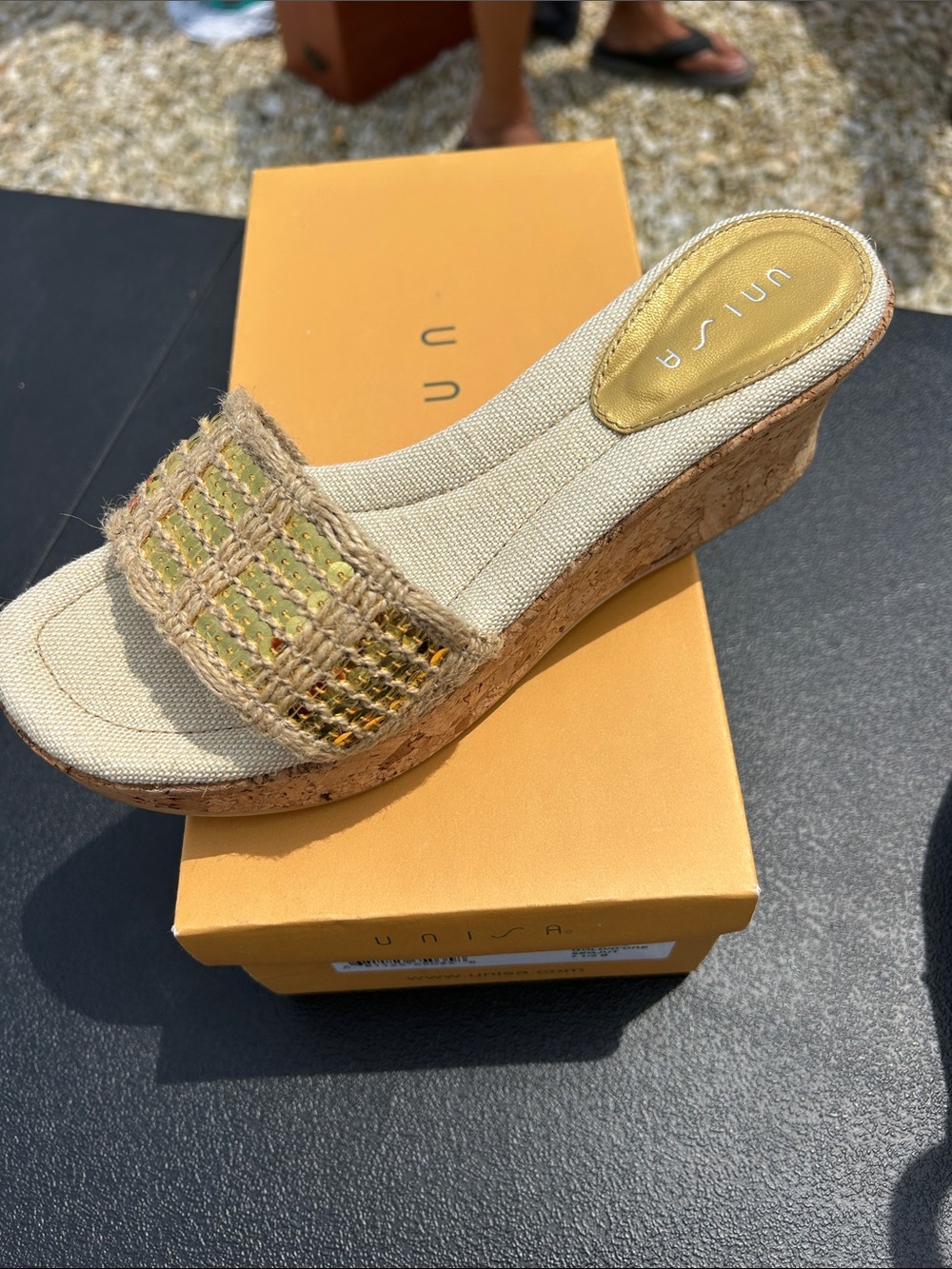 Unisa Beige Cork Wedge Slide with Woven tan/gold